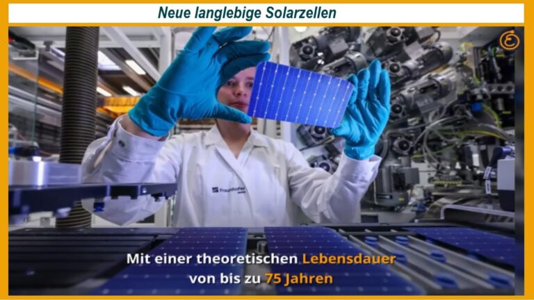 Filmbild über einer Visualisierung neuer Perowskit-Solarzellen mit dem Text „Mit einer theoretischen Lebensdauer von 75 Jahren“