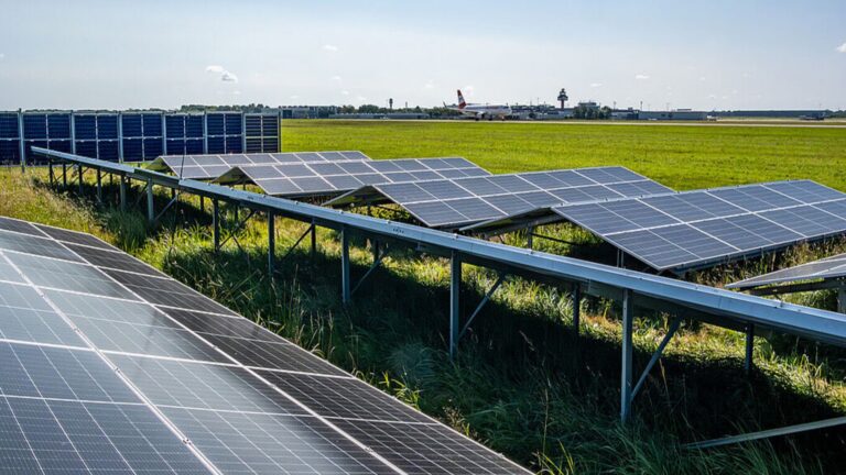 Photovoltaikanlage auf dem Flughafengelände Hannover nahe der Nordbahn, um ungenutzte Flächen nachhaltig zu nutzen.