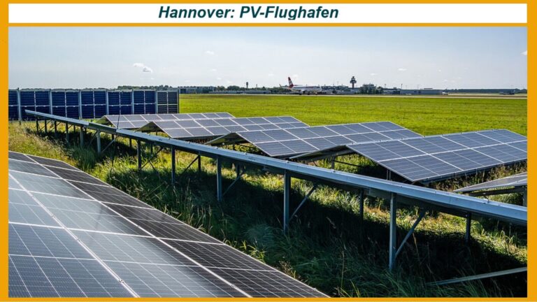 Photovoltaikanlage auf dem Flughafengelände Hannover nahe der Nordbahn, um ungenutzte Flächen nachhaltig zu nutzen.