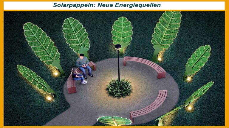 Gezeichnete Sitzgruppe des Projekts „Solarpappeln“, die erneuerbare Energie durch Photovoltaik-Module generiert.