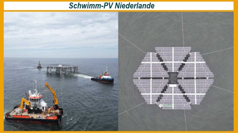 Luftaufnahme einer schwimmenden Solaranlage vor der niederländischen Küste und Schleppern bei der Positionierung der Plattform.