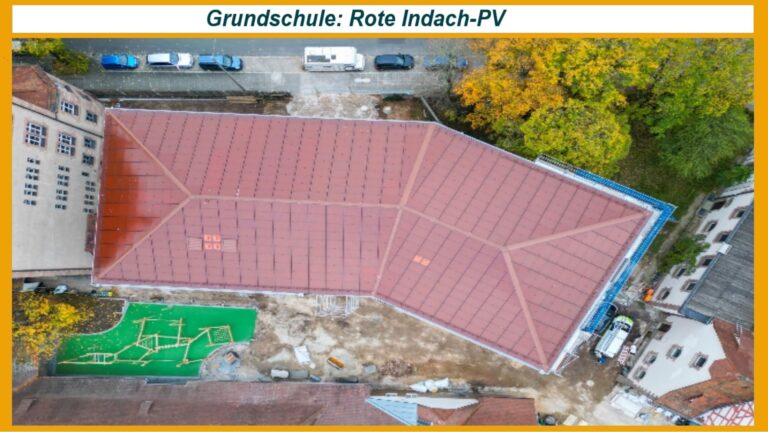 Ansicht von oben auf die rote Indach-Photovoltaikanlage auf der Grundschule in Nürnberg.