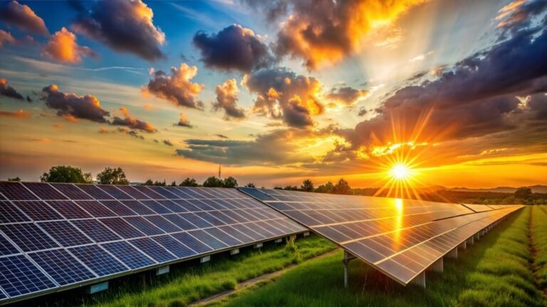 Ein Solarpark bei Sonnenaufgang, symbolisierend die Energiewende und innovative Energiespeicher-Technologien.