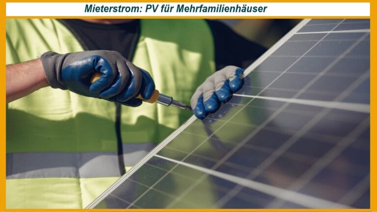 Symbolische Darstellung der Montage einer Photovoltaikanlage auf einem Mietshausdach, im Kontext der Energiewende.