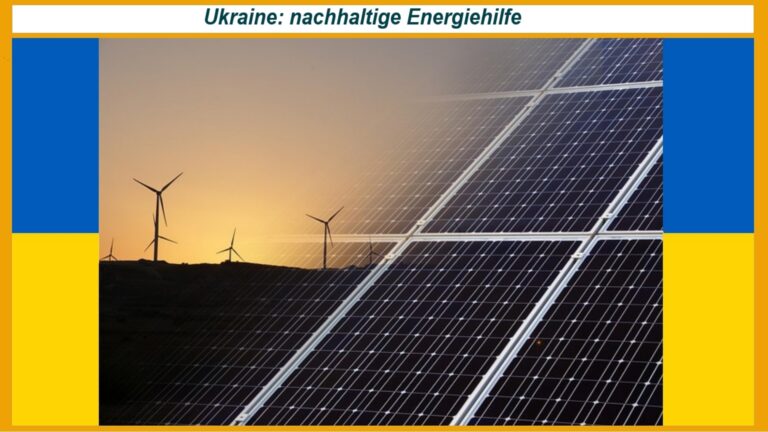 Photovoltaik aus Wind und Sonne mit der ukrainischen Flagge – Symbol für nachhaltige Energie und Wiederaufbau.