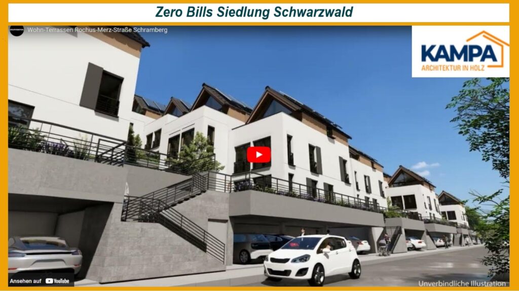 Illustration der nachhaltigen Wohnsiedlung „Wohnterrassen Rochus-Merz-Straße“ mit Photovoltaikanlagen und Energiespeichern für eine klimafreundliche Zukunft.