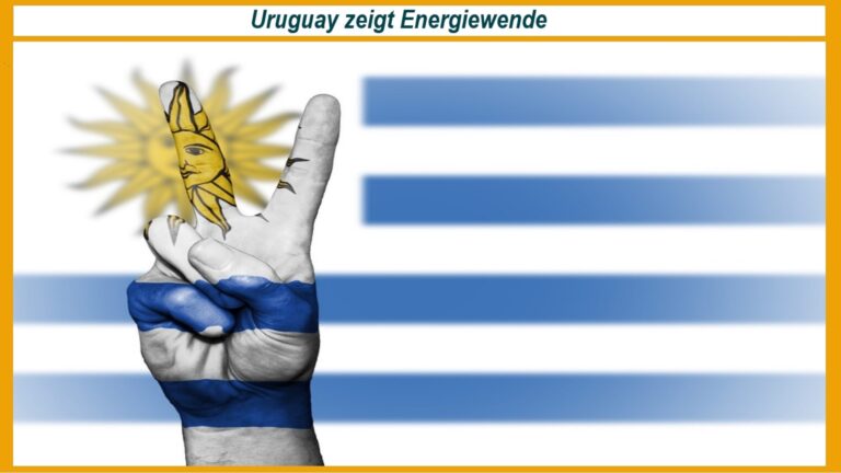 Uruguays Flagge mit erhobenem Zeigefinger als Siegeszeichen – Symbol für den Erfolg der Energiewende.