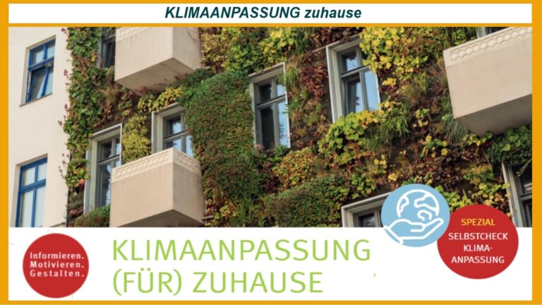 Titelbild der Broschüre „KLIMAANPASSUNG (FÜR) ZUHAUSE“ der VERBRAUCHER INITIATIVE e. V., die hilfreiche Maßnahmen zur Klimaanpassung für Haushalte aufzeigt.