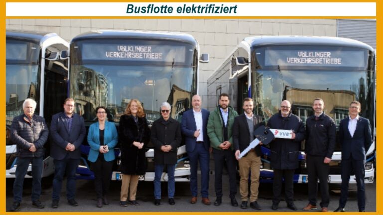 Elektrifizierte Busflotte der Völklinger Verkehrsbetriebe mit neuen E-Bussen von MAN im Linienverkehr.