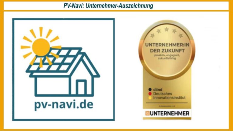 Logo von PV Navi mit der Auszeichnung 'Unternehmer der Zukunft' für Innovation in den Bereichen Photovoltaik, Energiespeicher und Energiewende.