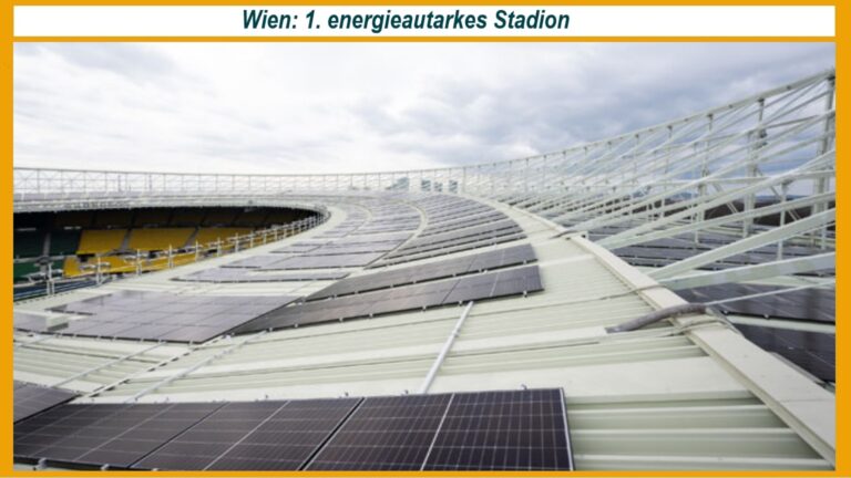 Blick auf das mit Solarpanelen ausgestattete Dach des Ernst-Happel-Stadions in Wien.