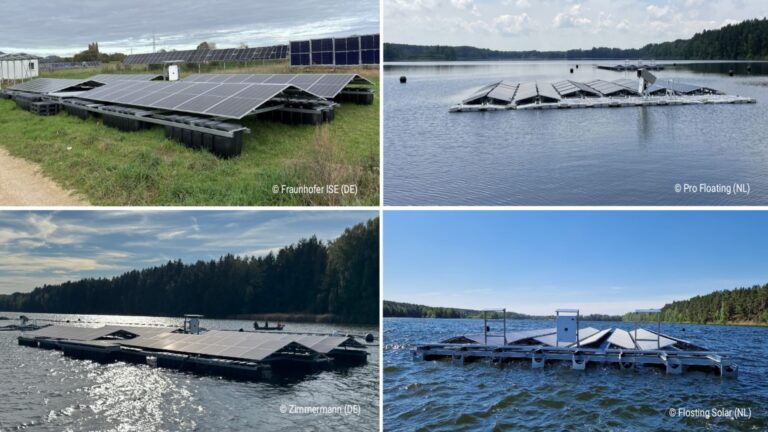 Verschiedene Floating-Photovoltaik-Anlagen auf Gewässern als Beitrag zur Energiewende und Energiespeicherung.