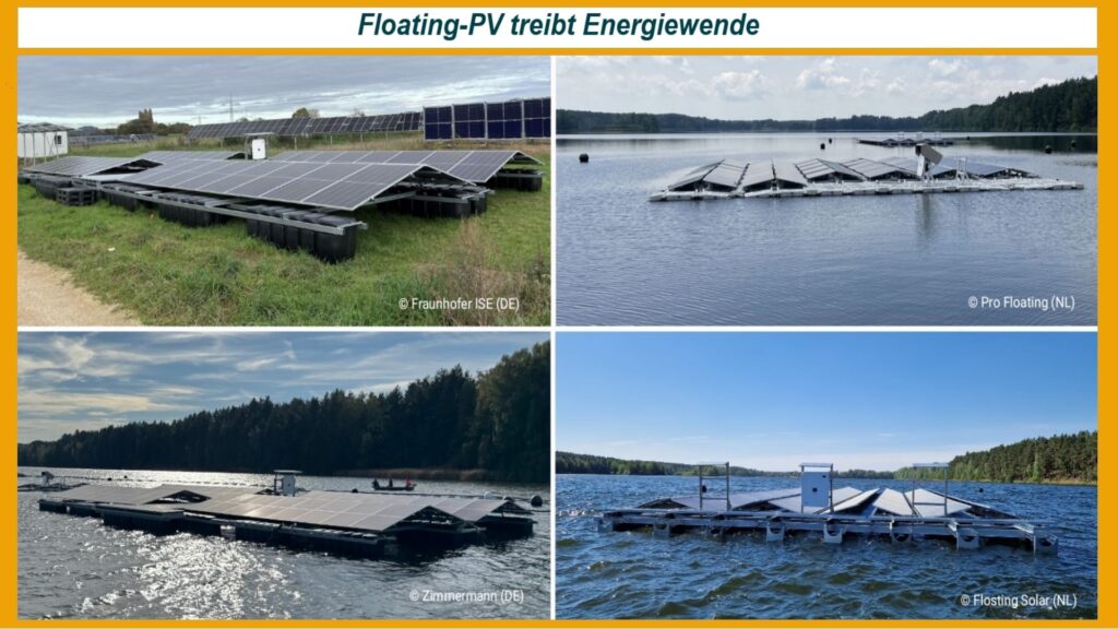 Verschiedene Floating-Photovoltaik-Anlagen auf Gewässern als Beitrag zur Energiewende und Energiespeicherung.