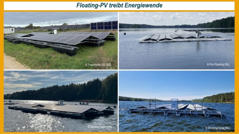 Verschiedene Floating-Photovoltaik-Anlagen auf Gewässern als Beitrag zur Energiewende und Energiespeicherung.