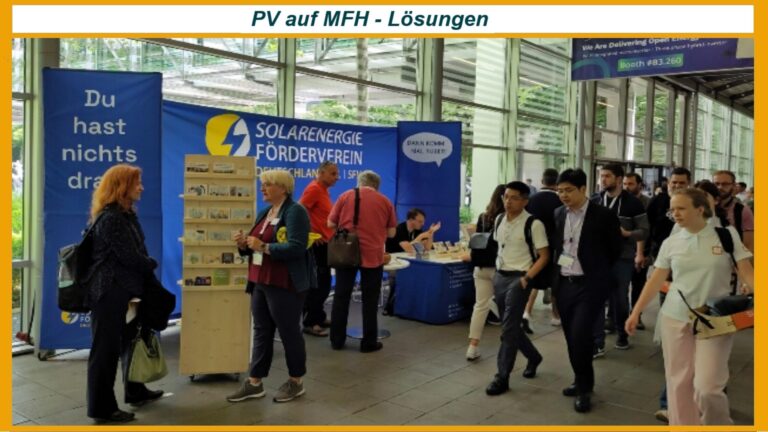 Messestand des SFV auf der Intersolar 2024 mit Informationen zu Solarenergie und Energiewende.
