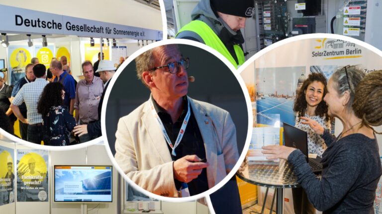 Messestand der DGS auf der Intersolar 2025 mit Experten zu Photovoltaik, Energiespeichern und Energiewende.