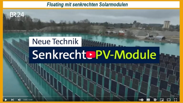 Senkrechte Solarmodule schwimmen auf einer Wasserfläche bei Sonnenschein.