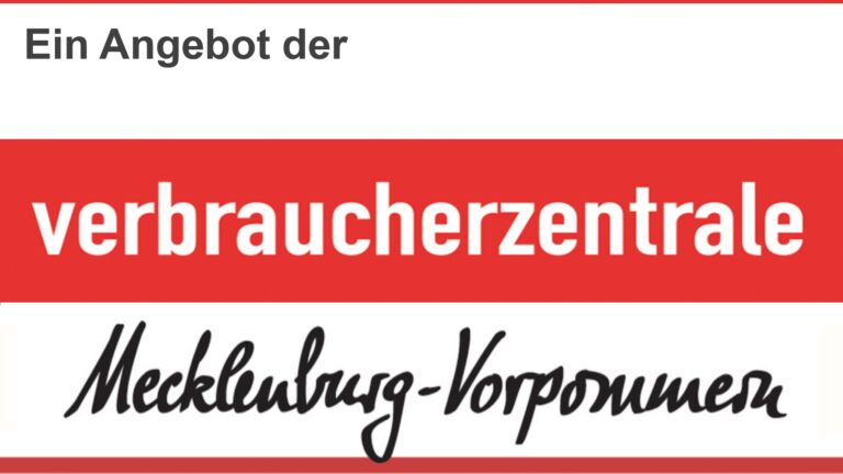 Logo der Verbraucherzentrale Mecklenburg-Vorpommern mit dem Schriftzug „Ein Angebot der …“.