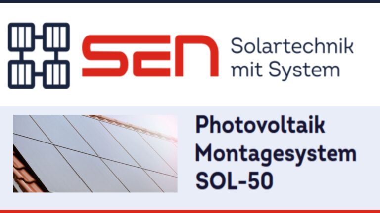 Logo der SEN Solare Energiesysteme GmbH – Spezialist für Photovoltaik und Montagesysteme. Auch die Eigenentwicklung Sol-50