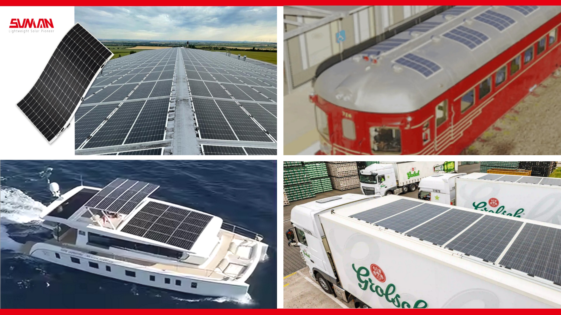 Vier Anwendungen: Photovoltaik auf Dach, Zug, Schiff und LKW – Solarenergie mobil und stationär.