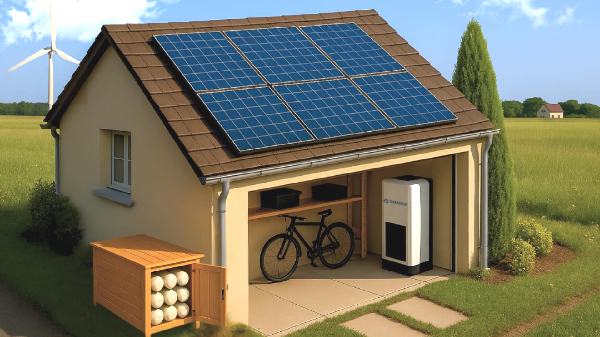 Schaubild eines Hauses mit Photovoltaik-Anlage und separatem Raum für Druckluft-Energiespeicher.