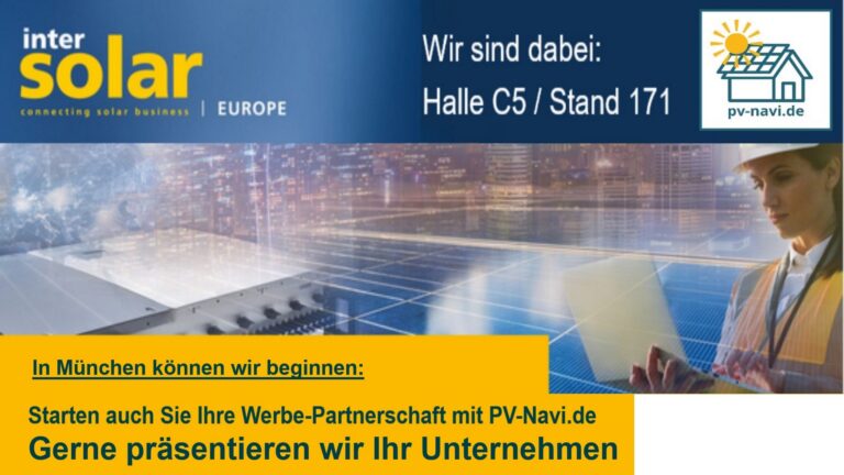Werbeplakat der intersolar mit PV-Navi.de und dem Aufruf zu neuen Werbe-Partnerschaften