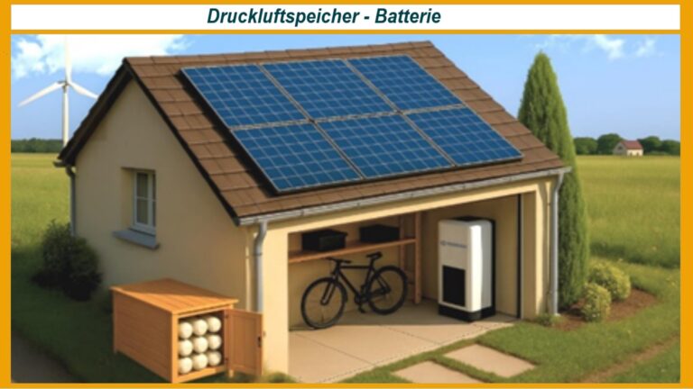 Schaubild eines Hauses mit Photovoltaik-Anlage und separatem Raum für Druckluft-Energiespeicher.