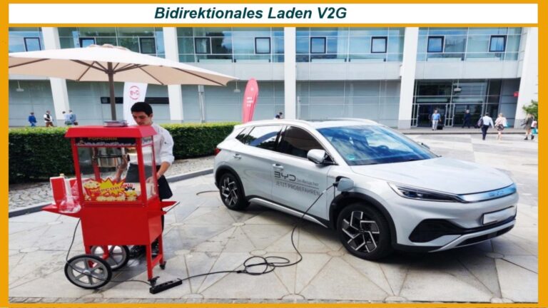 Popcornmaschine in einer Fußgängerzone, betrieben mit Strom aus einem Elektroauto über V2G.