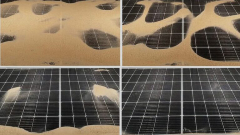 Vier Bilder zeigen, wie akustische Reinigung mithilfe von Körperschall Photovoltaikmodule effizient säubert.