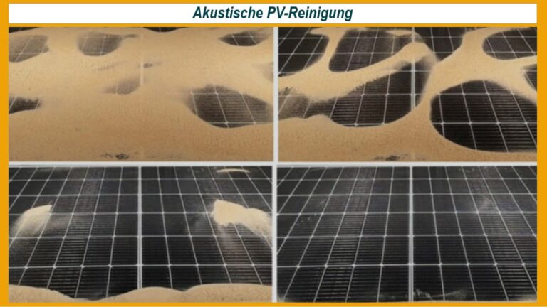 Vier Bilder zeigen, wie akustische Reinigung mithilfe von Körperschall Photovoltaikmodule effizient säubert.