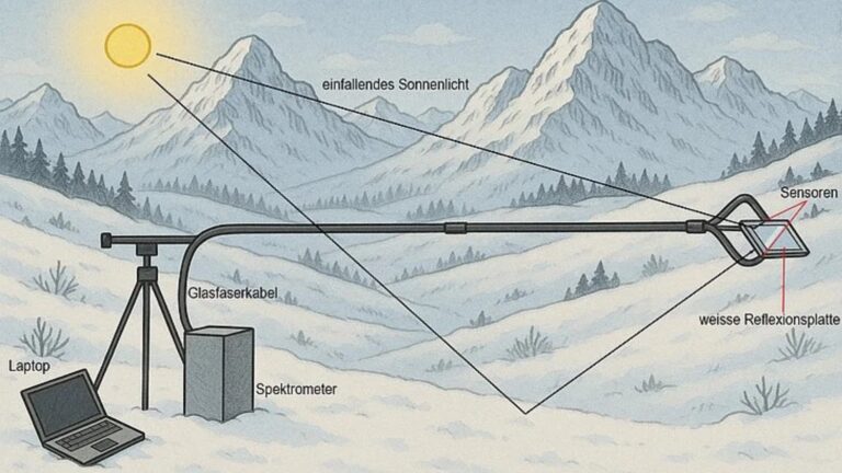Schematische Darstellung des Versuchsaufbaus zur Messung reflektierten Sonnenlichts für Photovoltaik im Schnee.