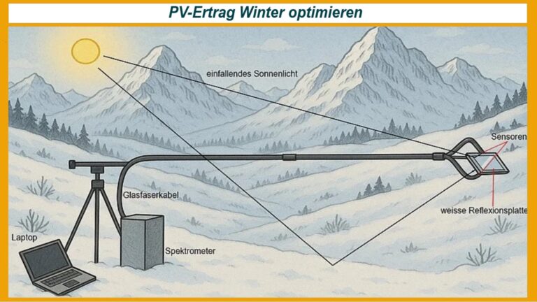 Schematische Darstellung des Versuchsaufbaus zur Messung reflektierten Sonnenlichts für Photovoltaik im Schnee.
