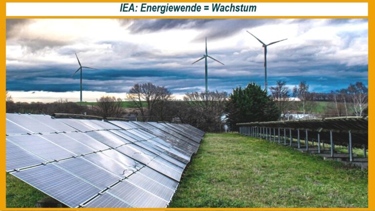 Solarpark mit Photovoltaikanlagen und dahinter aufragende Windturbinen als Symbol der Energiewende