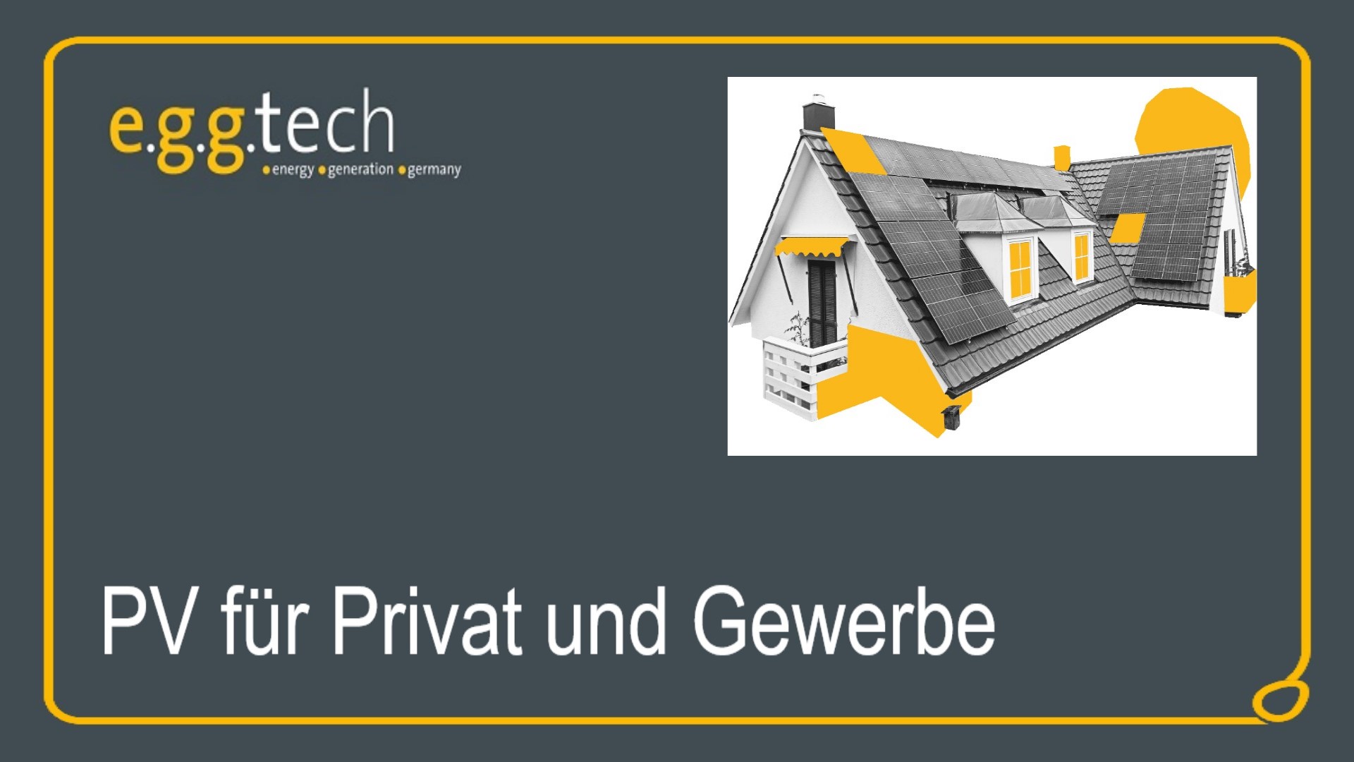 Skizze einer PV-Anlage mit dem Schriftzug „PV für Privat und Gewerbe“