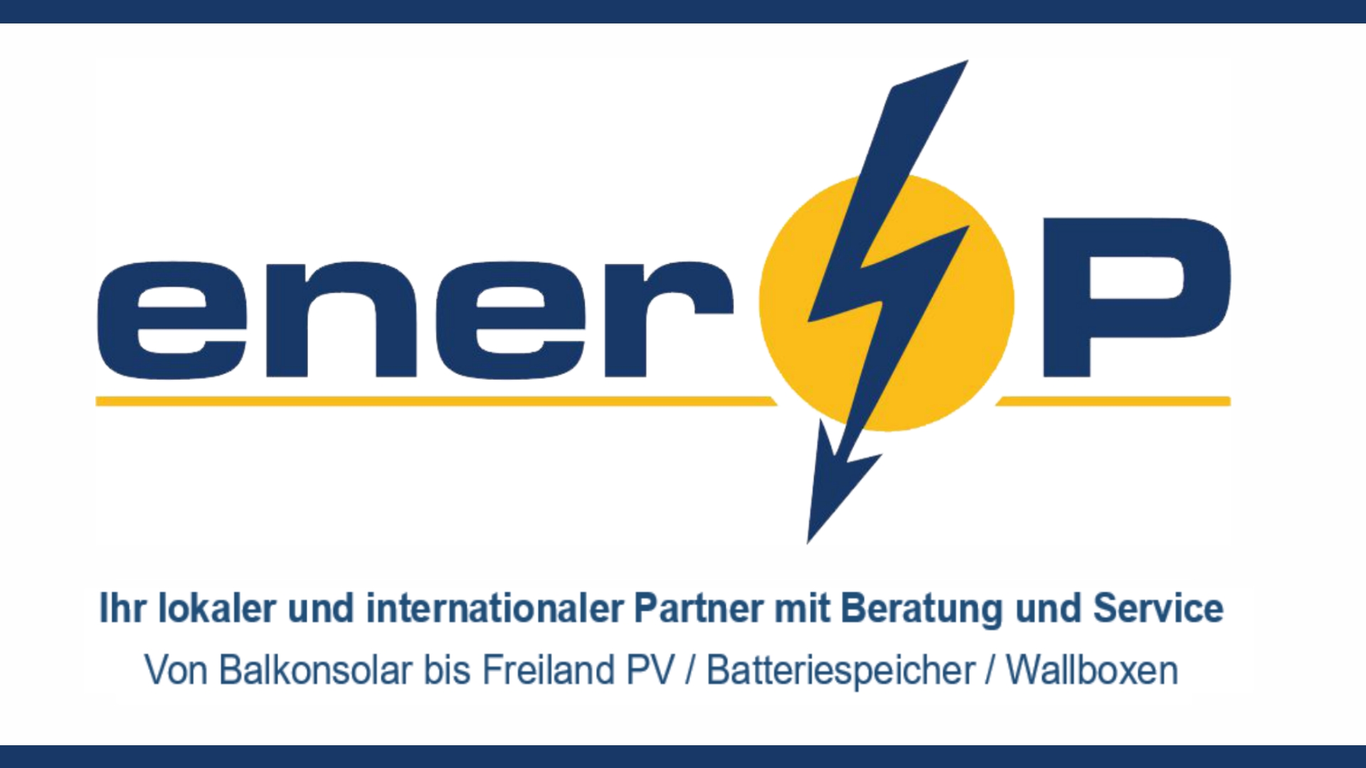 Logo von ener-P mit Hinweis auf Dienstleistungen: Balkonsolar, Freiflächenanlagen, Batteriespeicher und Wallboxen.
