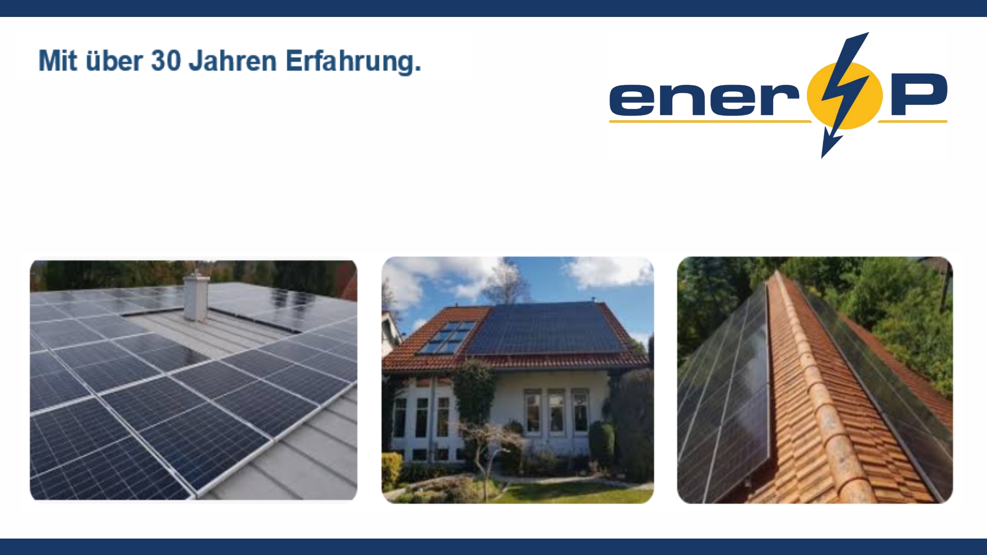 Logo von ener-P mit Bildern installierter Photovoltaikanlagen auf Ein- und Mehrfamilienhäusern.