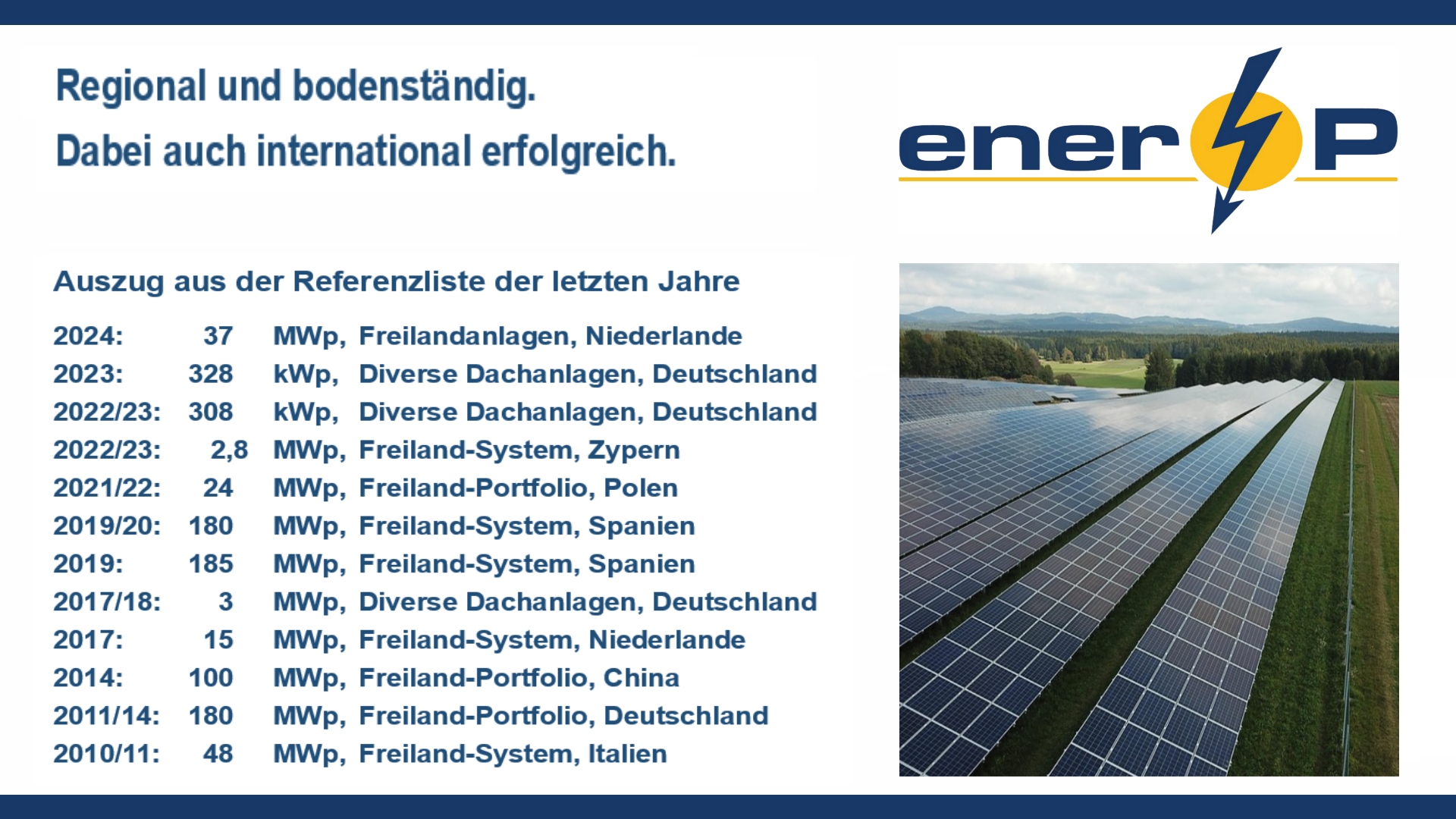 Logo von ener-P, dazu eine Referenzliste und Foto einer Freiflächen-Photovoltaikanlage.