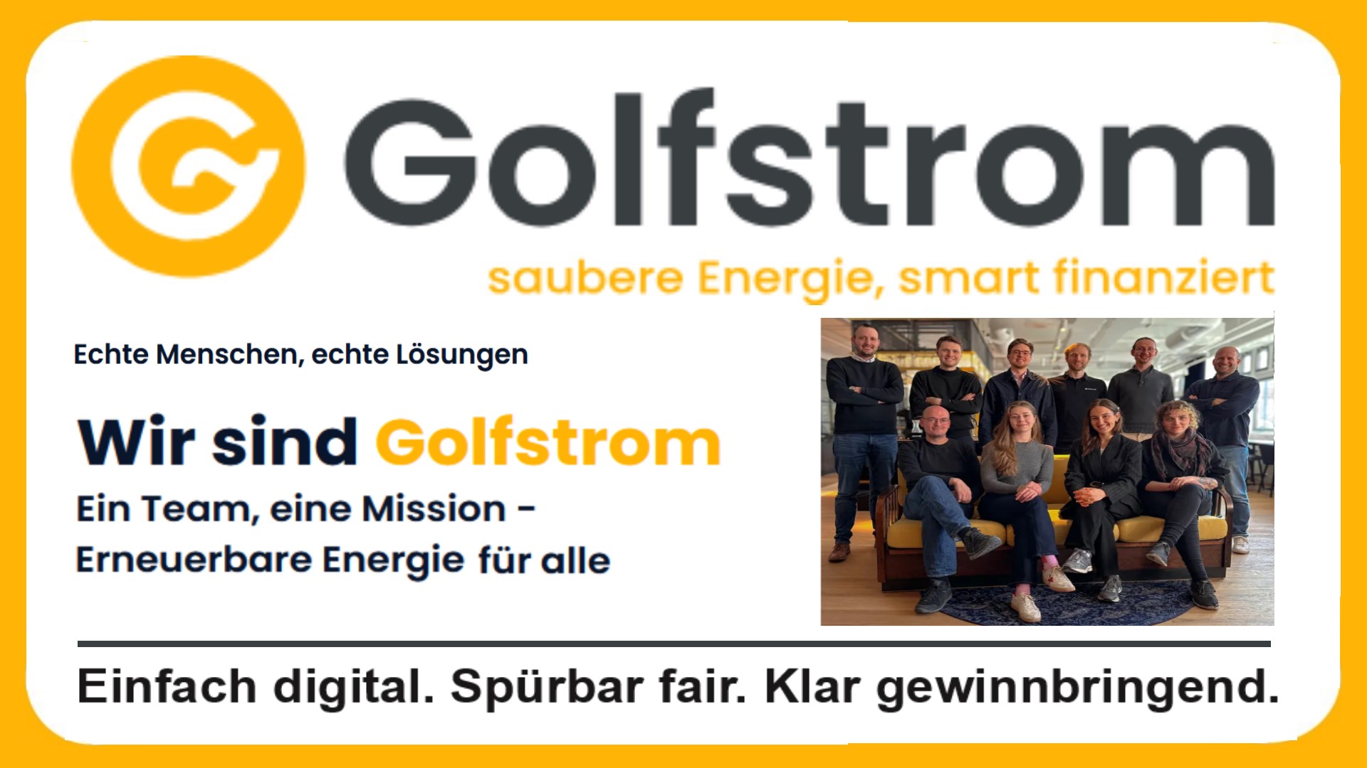 Golfstrom-Logo mit Teamfoto und Text: Echte Menschen, echte Lösungen für die Energiewende.