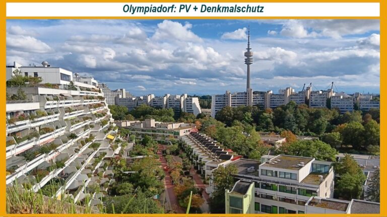 Blick auf das denkmalgeschützte Olympiadorf München – zukünftiger Standort für nachhaltige Photovoltaiklösungen.