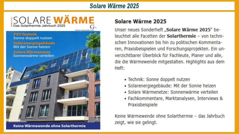 Titelbild des Sonderhefts „Solare Wärme 2025“ mit Fokus auf Solarthermie und Wärmewende