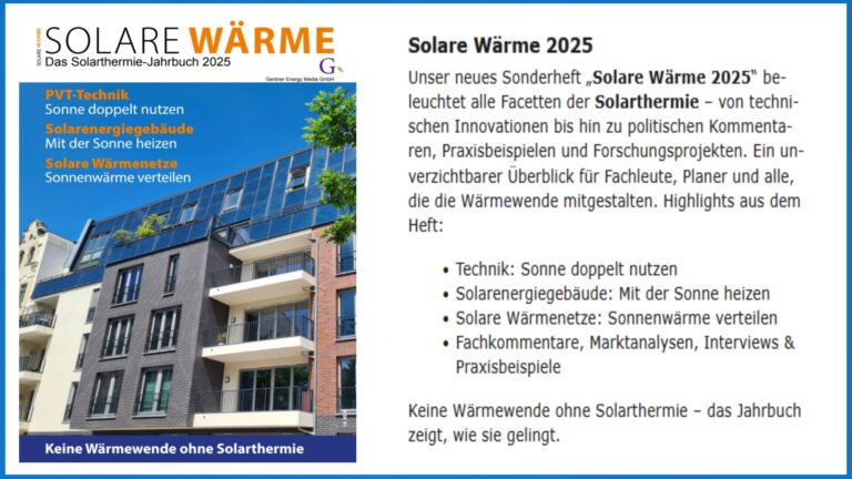 Titelbild des Sonderhefts „Solare Wärme 2025“ mit Fokus auf Solarthermie und Wärmewende