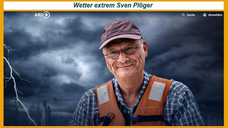 Sven Plöger steht vor dunklem Gewitterhimmel – Warnung vor Extremwetter und Aufruf zur Energiewende.