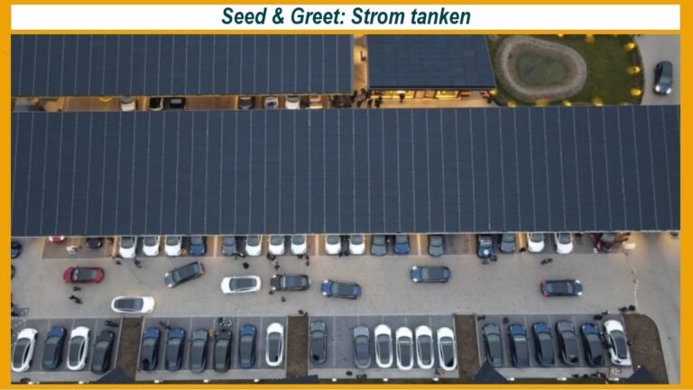 Luftaufnahme des Ladeparks Seed & Greet mit zahlreichen Ladepunkten und Solaranlagen in Hilden.