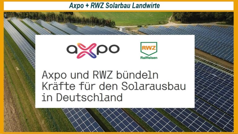 Logos von Axpo und RWZ vor einem Solarpark – Partnerschaft für den Photovoltaik-Ausbau im ländlichen Raum
