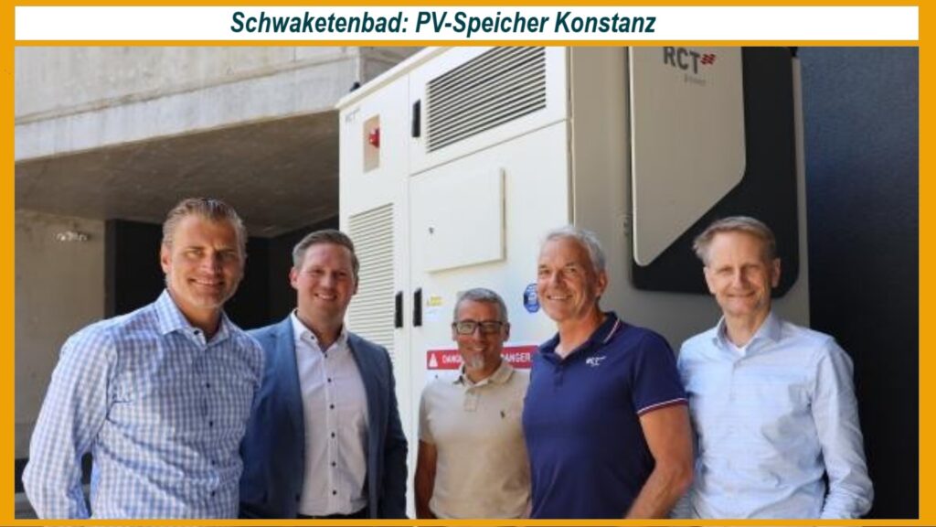 Gruppenfoto vor dem kompakten Batteriespeicher von RCT Power GmbH am Schwaketenbad in Konstanz.