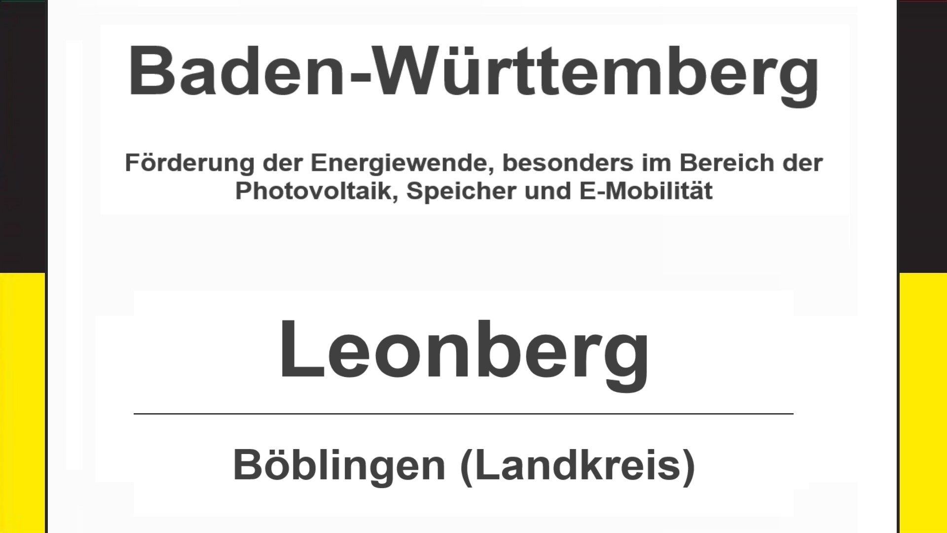 Text auf diesem Bild: Gemeinde Leonberg im Landkreis Böblingen, Baden-Württemberg, Förderungen zur Energiewende, besonders für Photovoltaikanlagen, Speicher und E-Mobilität.