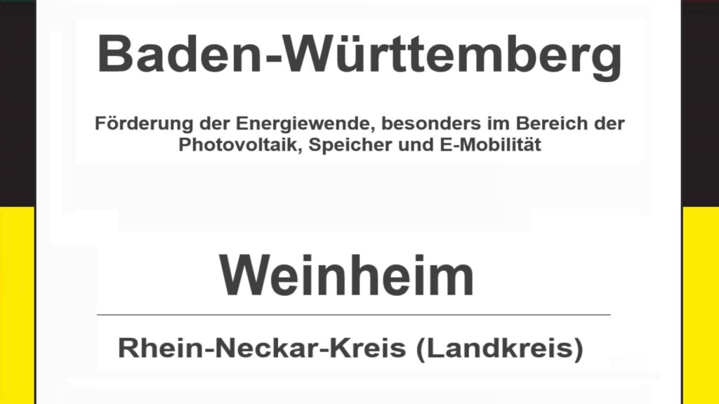 Text auf diesem Bild: Gemeinde im Rhein-Neckar-Kreis, Baden-Württemberg, Förderungen zur Energiewende, besonders für Photovoltaikanlagen, Speicher und E-Mobilität
