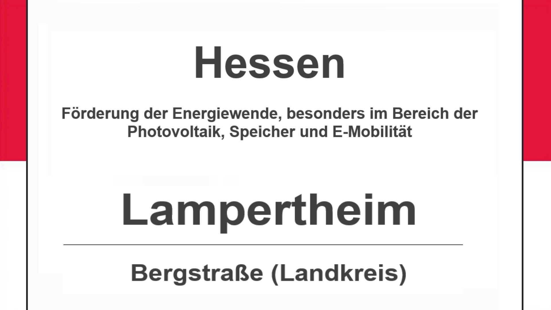 Text auf diesem Bild: Stadt Lampertheim im Landkreis Bergstraße, Hessen, Förderungen zur Energiewende, besonders für Photovoltaikanlagen, Speicher und E-Mobilität.