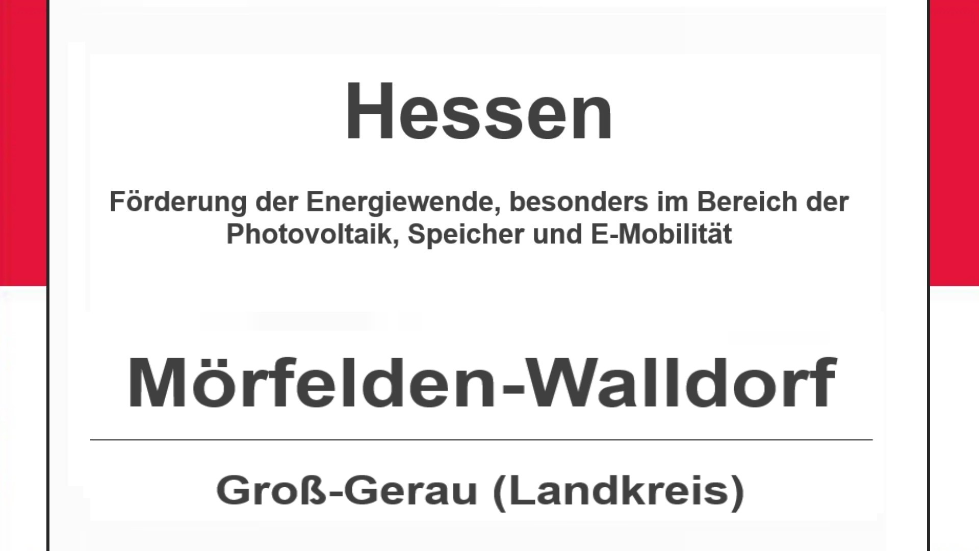 Text auf diesem Bild: Stadt Mörfelden-Walldorf im Landkreis Groß-Gerau, Hessen, Förderungen zur Energiewende, besonders für Photovoltaikanlagen, Speicher und E-Mobilität.