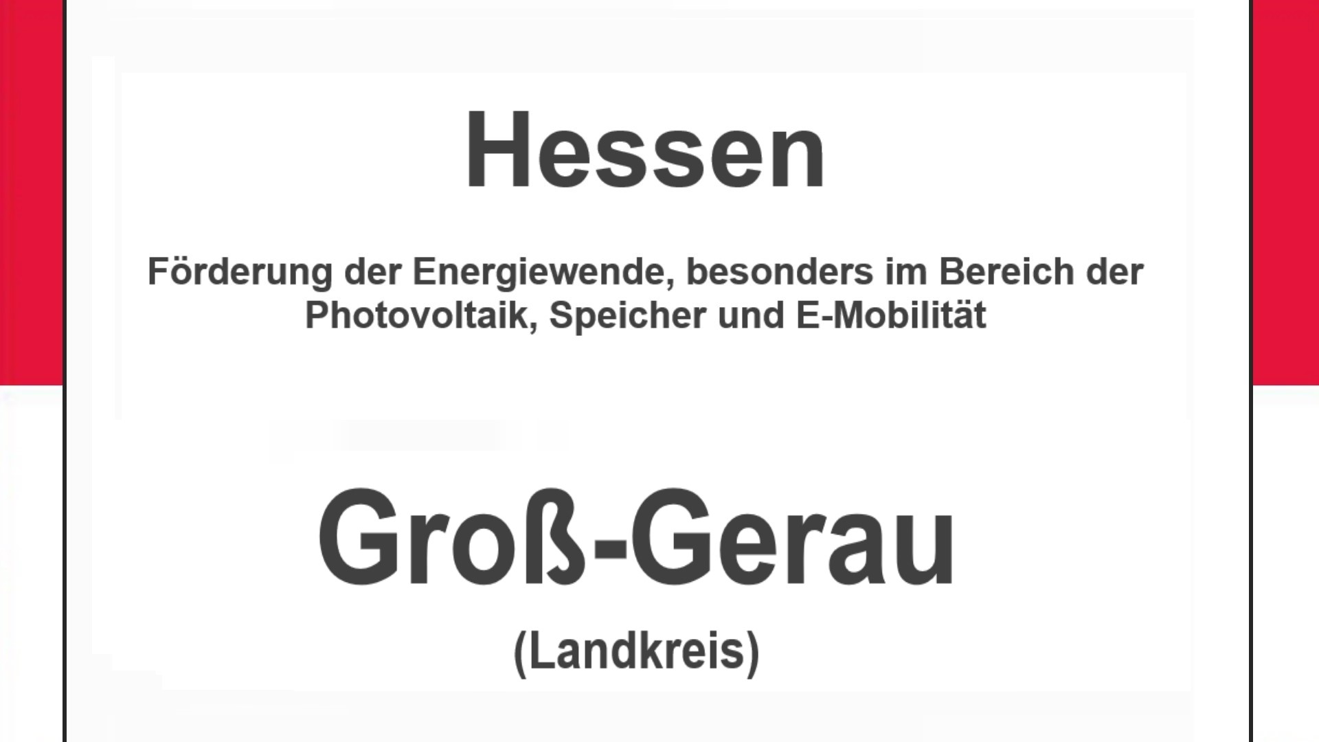 Text auf einem Bild: Hessen, Landkreis Groß-Gerau, Förderungen zur Energiewende, besonders für Photovoltaikanlagen, Speicher und E-Mobilität.